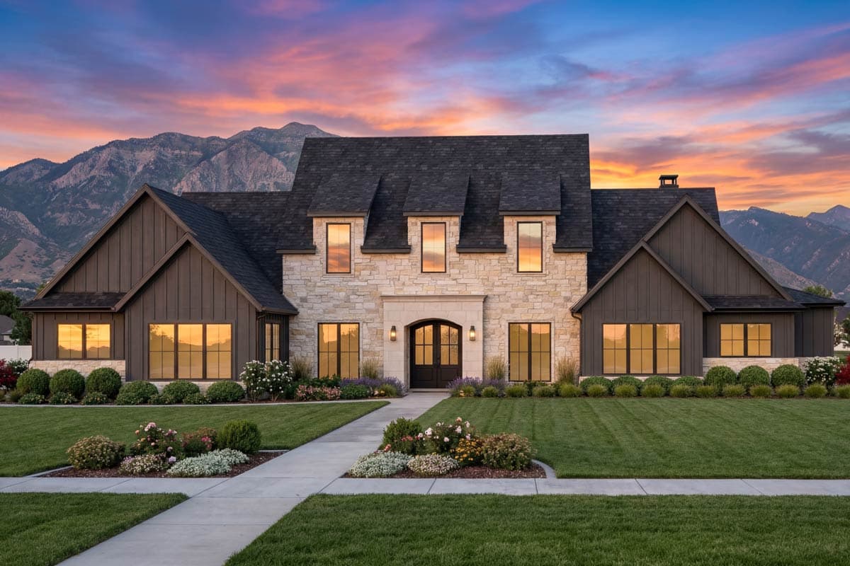 House plan exterior: Two-story residence with stone and vertical siding, prominent gables, dormers, and a central arched entryway.