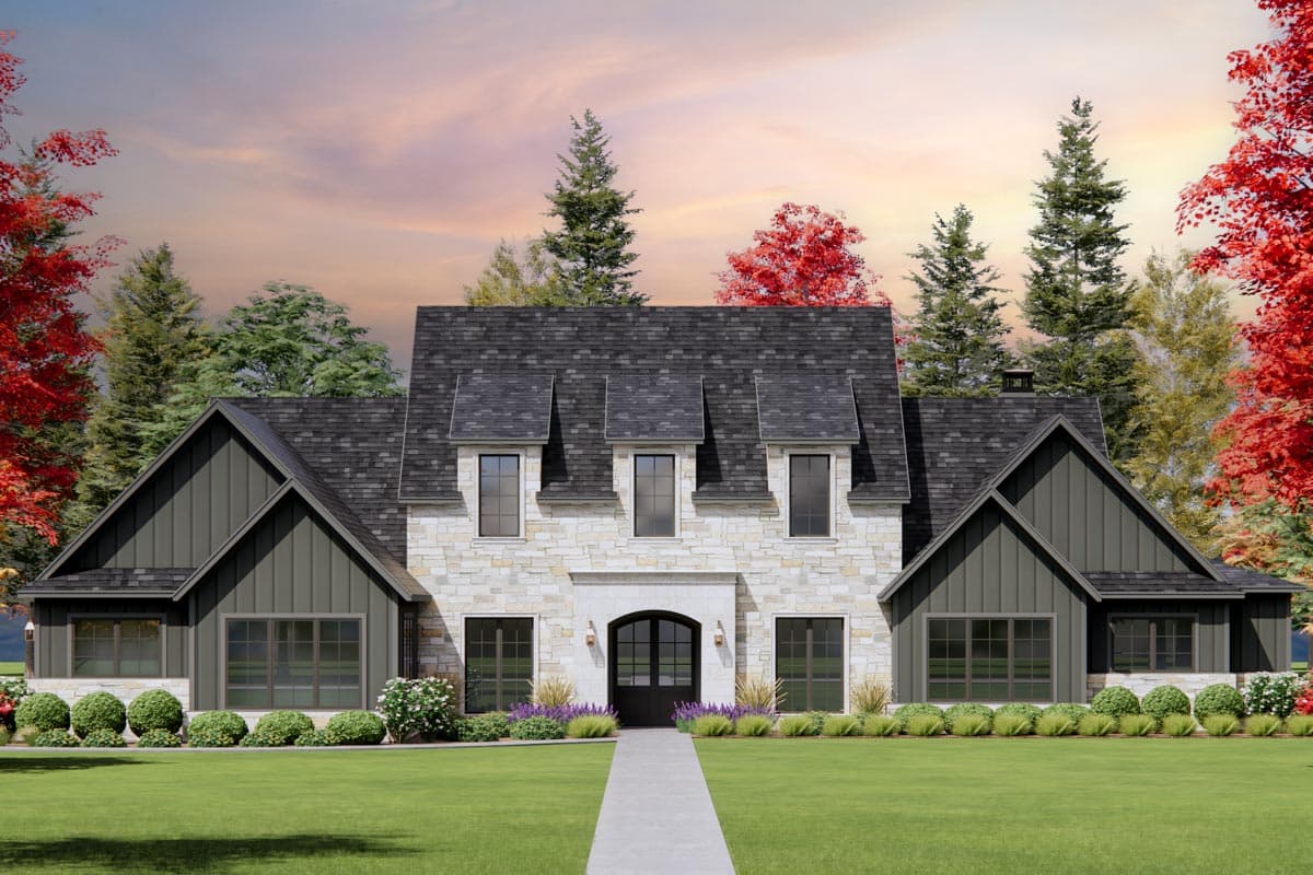 House plan exterior of a two-story home with stone and vertical siding, dormers, and an arched entryway.