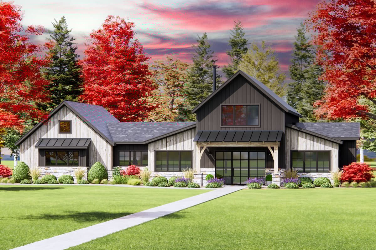 House plan exterior. Modern Farmhouse style with two gables, a covered porch, and horizontal siding. Black window trim and dark roof.