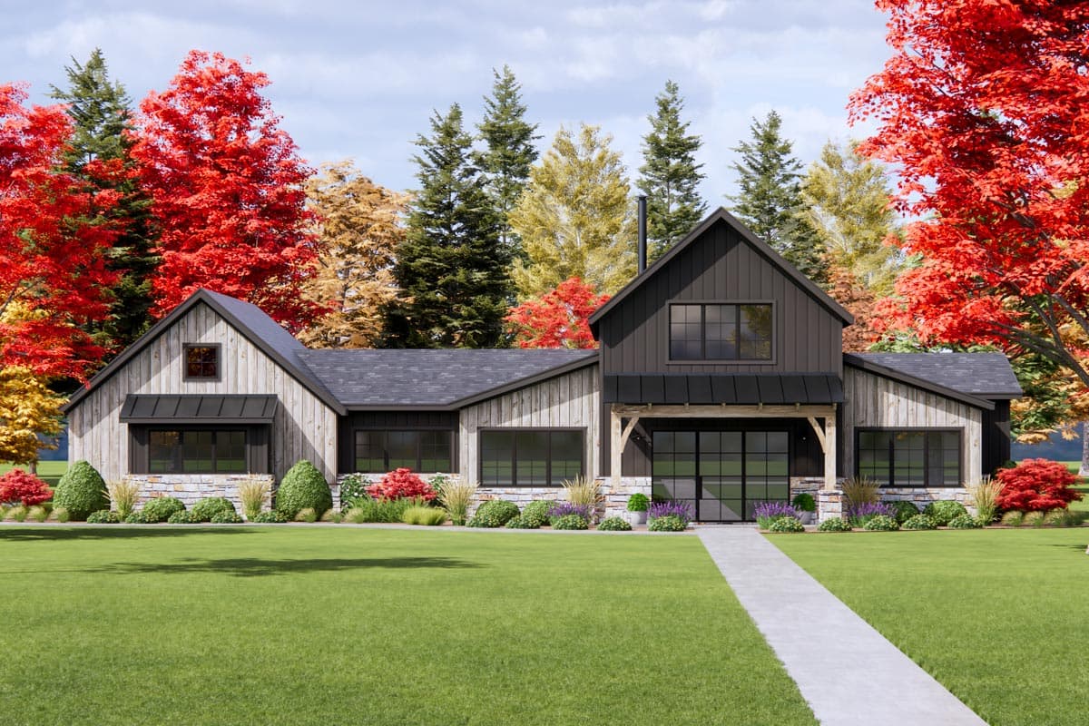 Modern Farmhouse house plan exterior with stone base, board and batten siding, metal roof, and covered entry with glass doors.