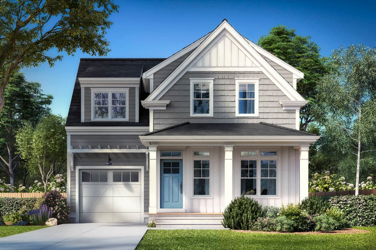 House plan exterior. Two-story Craftsman home with a front porch, gables, and a garage. Features dormers and a traditional roofline.