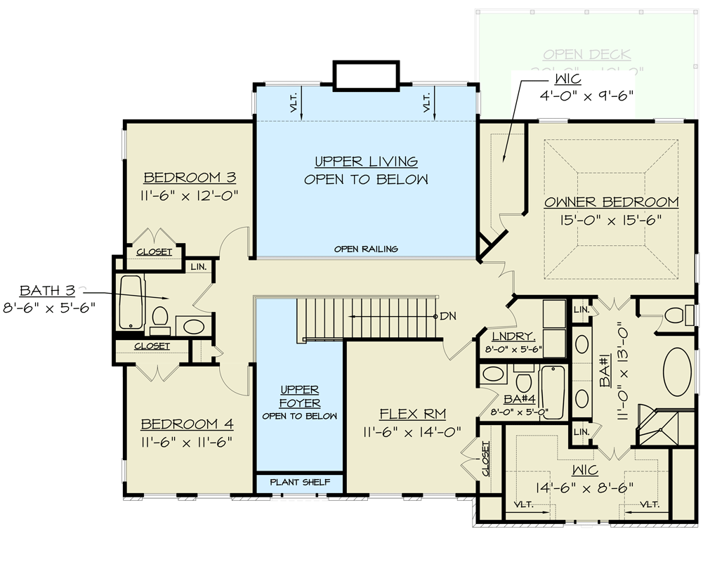 Plan 12327JL: 4-Bed Southern Colonial Style House Plan with Flex Room Upstairs - 2848 Sq Ft - Floor Plan - 2nd Floor - Colonial, Georgian, Southern, Traditional
