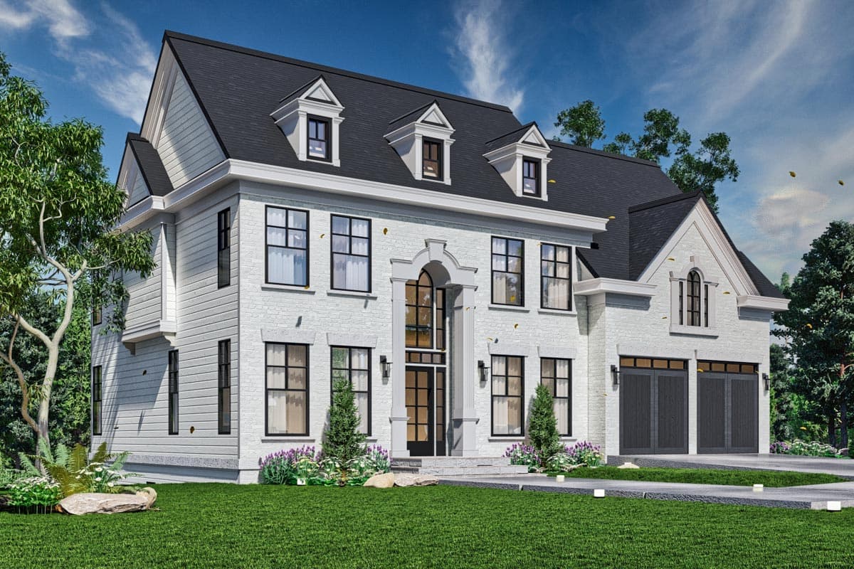 Two-story house plan exterior with white brick facade, arched entryway, dormers, and a three-car garage.