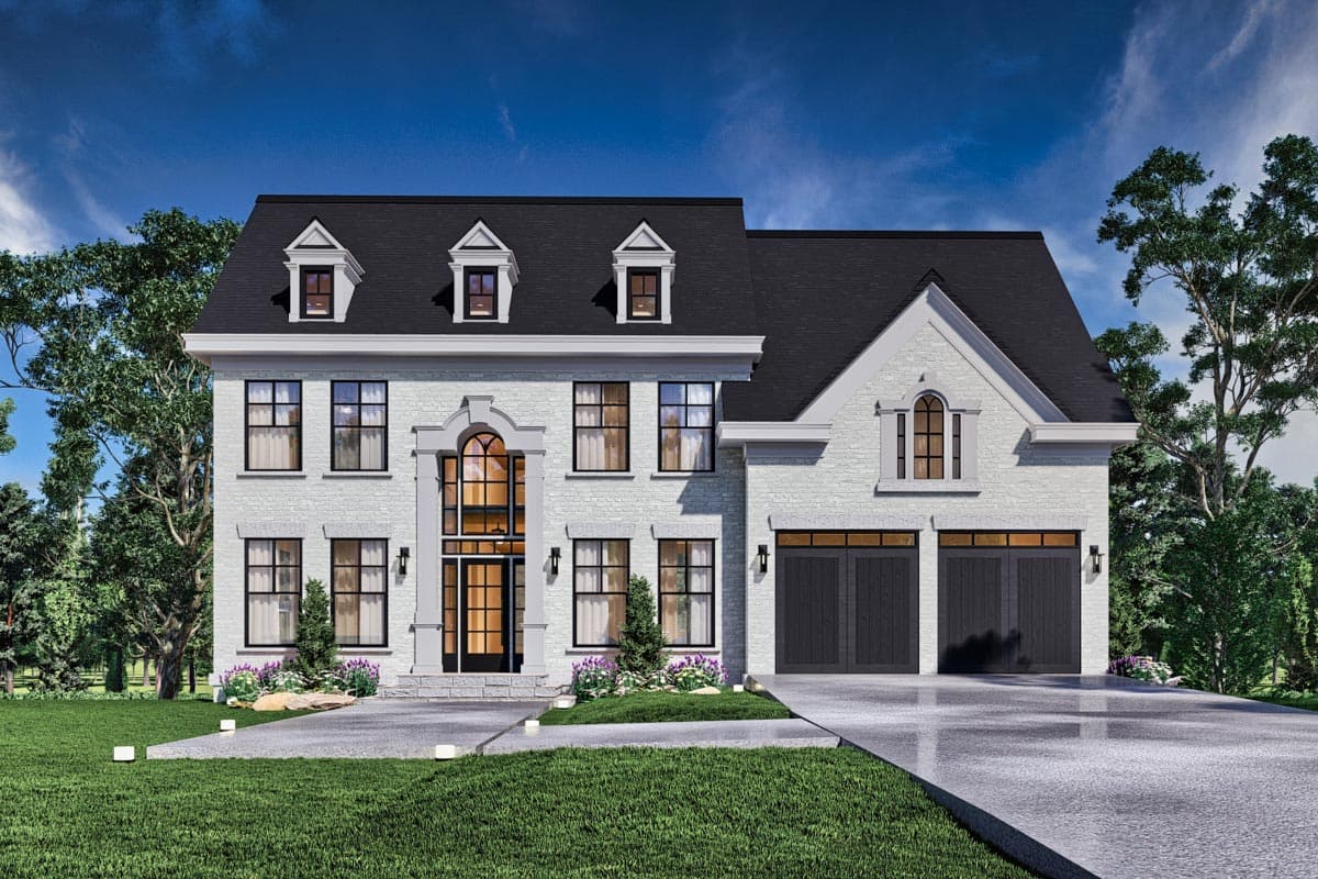 House plan exterior of a two-story home with dormers, arched garage doors, and a grand arched entryway.