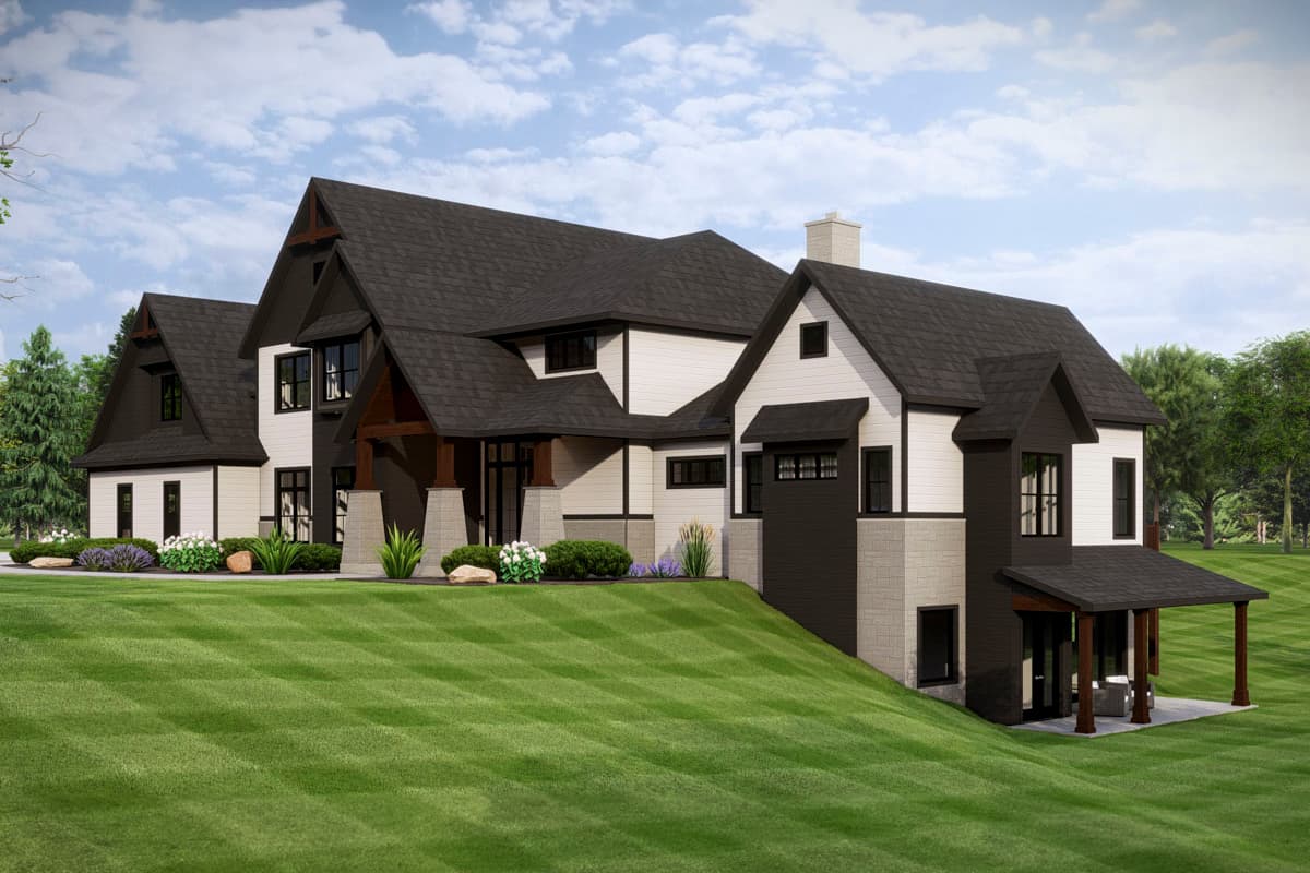 House plan exterior: Modern Farmhouse style, two stories, with gables, exposed timber accents, covered entry, and side-facing garage.
