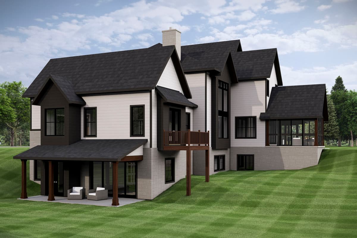House plan exterior: Modern style with multiple gables, covered porch, elevated deck, and stone base.