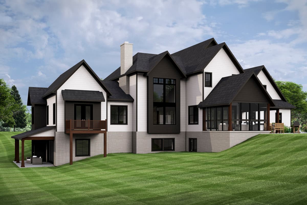Modern house plan exterior with multiple gables, a screened porch, large windows, and a covered patio.