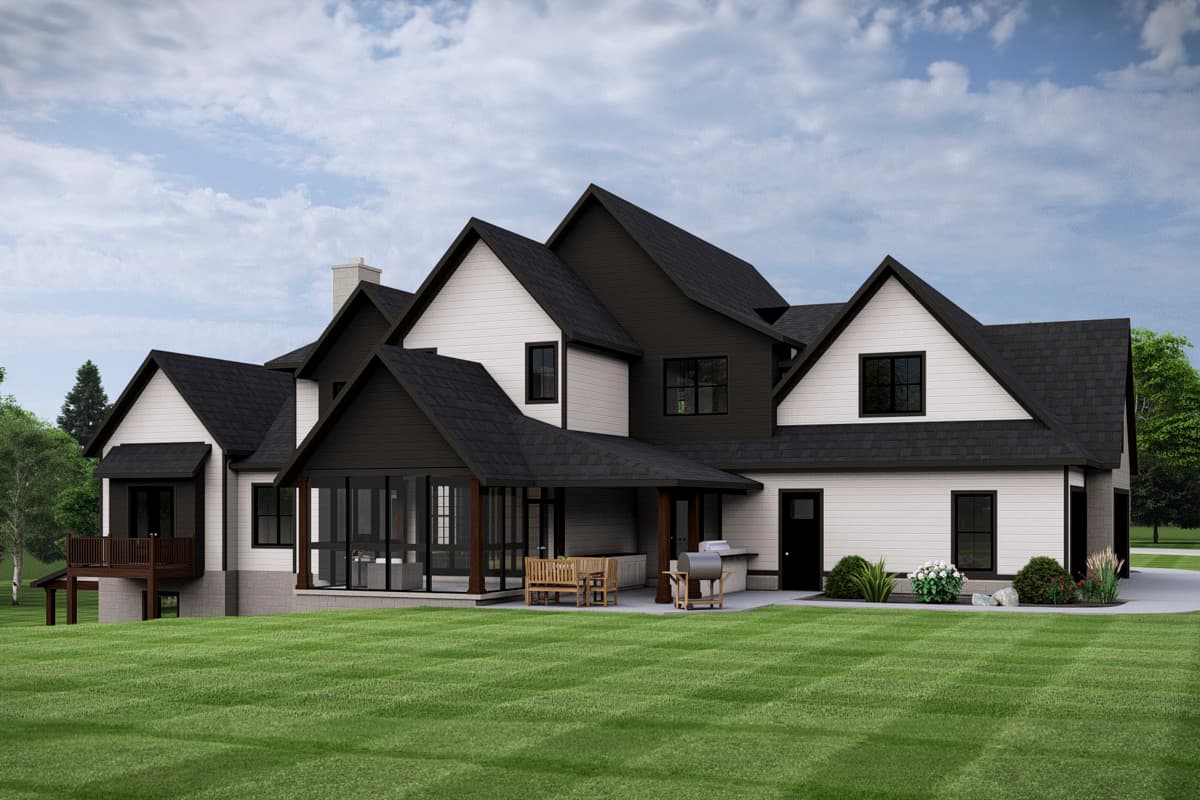 Modern Farmhouse house plan exterior with multiple gables, dark trim, screened porch, and deck.