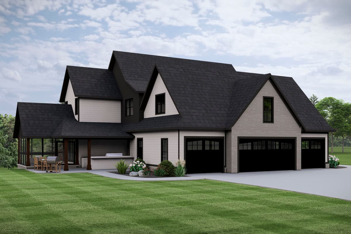 House plan exterior: Two-story modern farmhouse with a covered porch, gabled dormers, and a three-car garage.