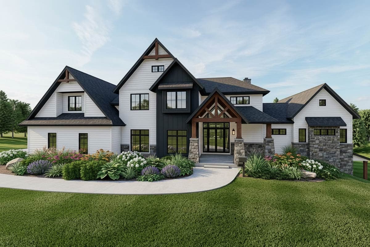 House plan exterior. Two-story Modern Farmhouse with gabled rooflines, a front entry gable, and a covered porch with exposed timber supports.