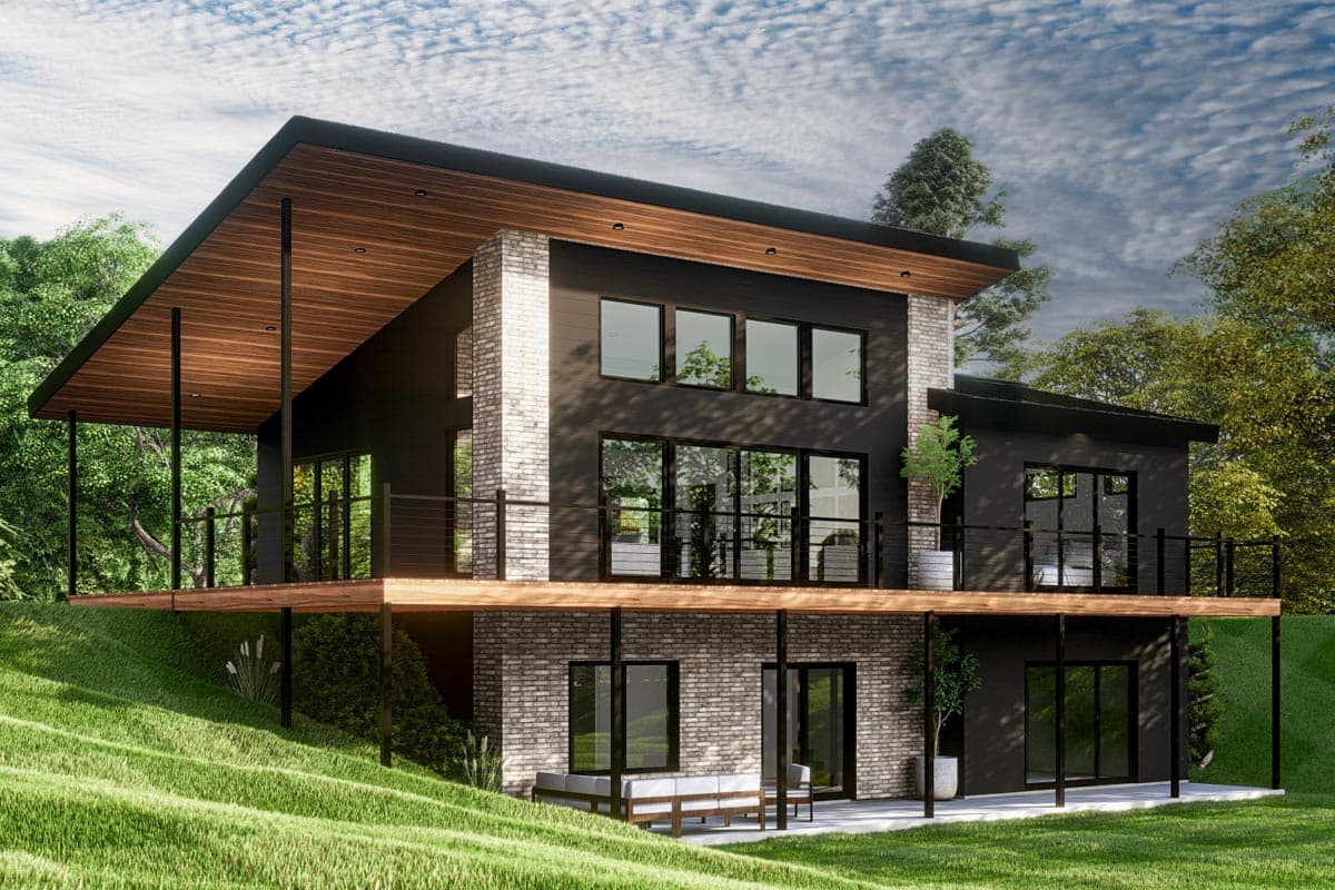 House plan exterior. Two-story modern home with flat roof, covered patio with wood ceiling, and brick accents. Balconies with metal railings.