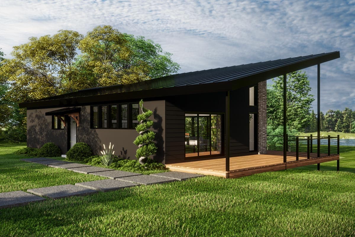 House plan exterior: Modern single-story with a sloped roof, wood deck, and large windows.