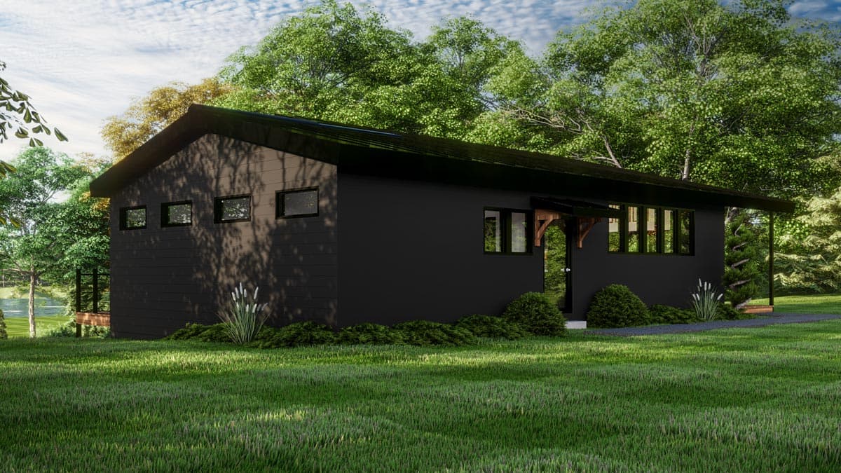 Modern one-story house plan exterior with dark siding, a gabled roof, and multiple windows. Features a covered porch.