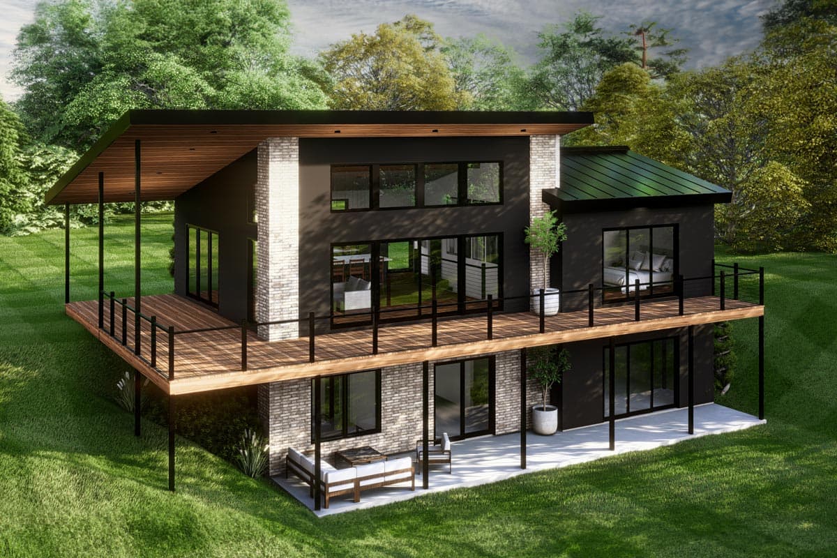 Modern house plan exterior with layered decks, pitched green roof, and large windows. Two stories.