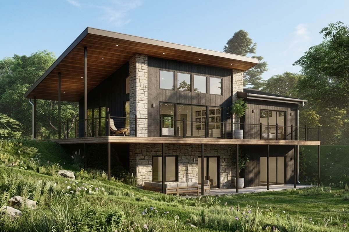 House plan exterior. Two-story modern home with flat roof, covered patio with wood ceiling, and brick accents. Balconies with metal railings.