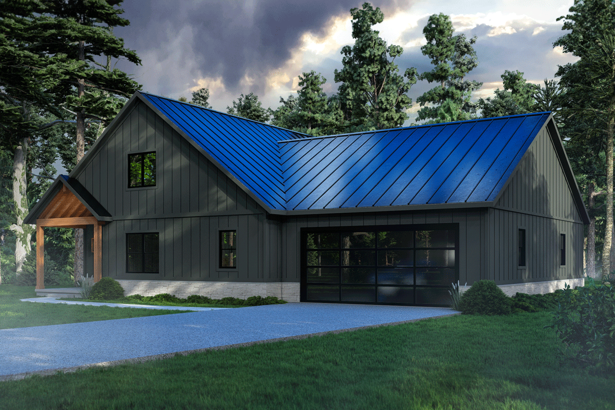Modern Farmhouse house plan exterior with dark siding, metal roof, wood-accented entry, and glass garage door.