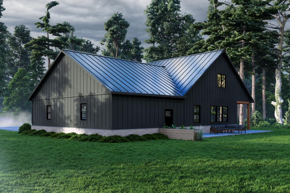 House plan exterior, modern style, dark vertical siding, gabled rooflines, stone foundation, and covered patio.