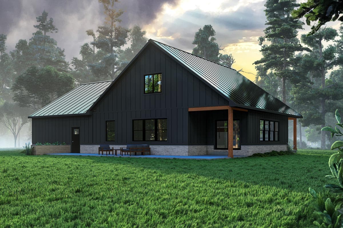 Modern farmhouse house plan exterior with dark vertical siding, metal roof, stone base, and covered entry.