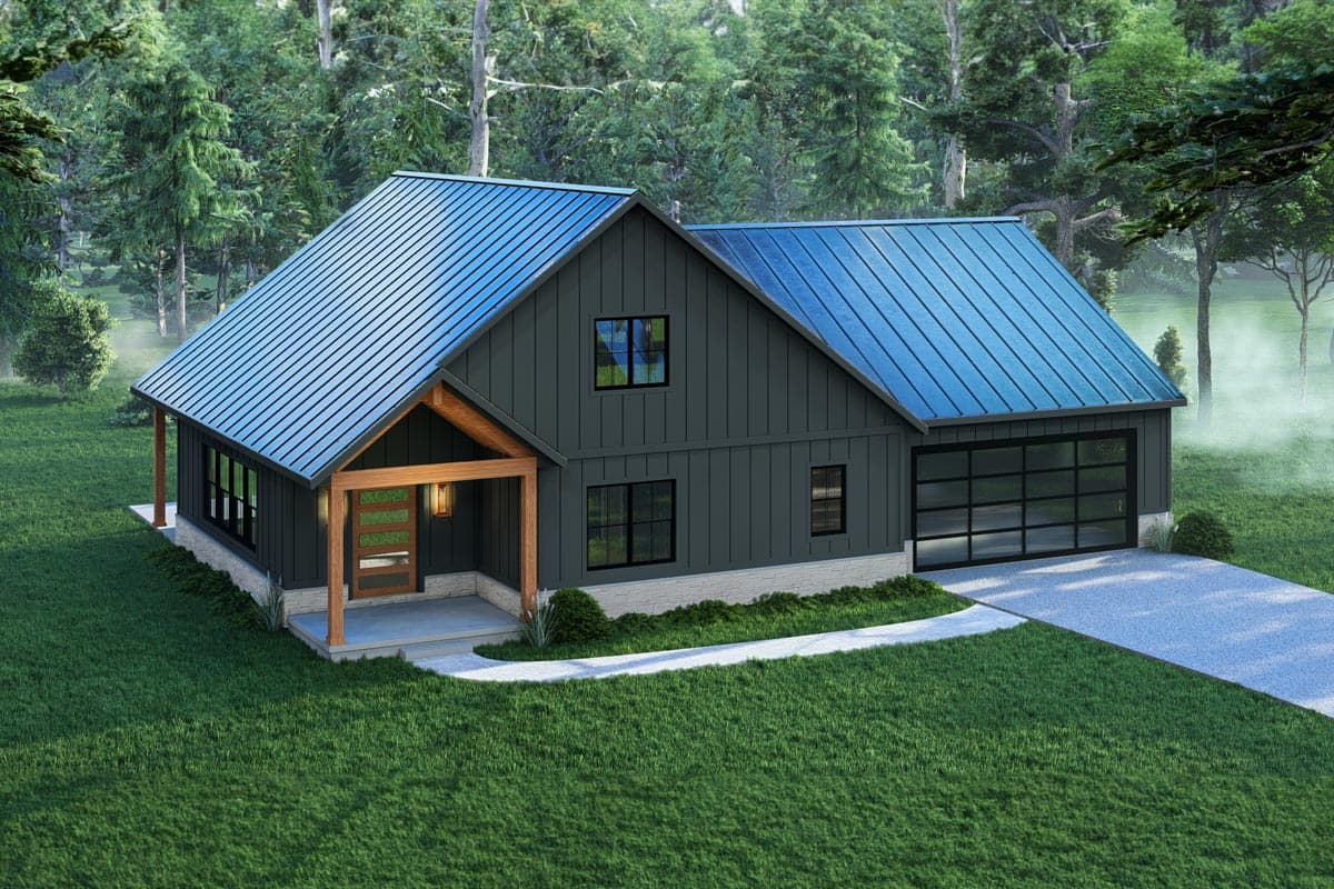 Modern house plan exterior with a prominent gable, wood-framed covered entry, vertical siding, and a glass garage door.