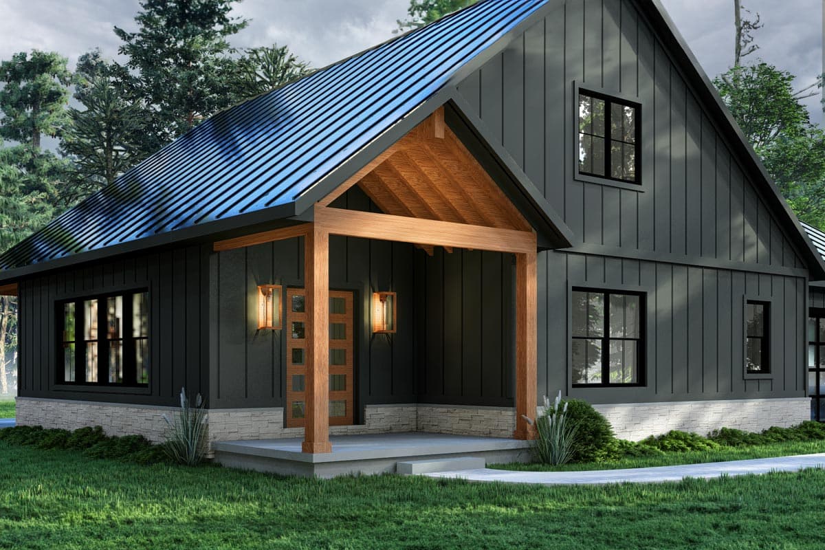 Modern Farmhouse house plan exterior with dark vertical siding, stone foundation, and wood-framed covered entry with exposed rafters.