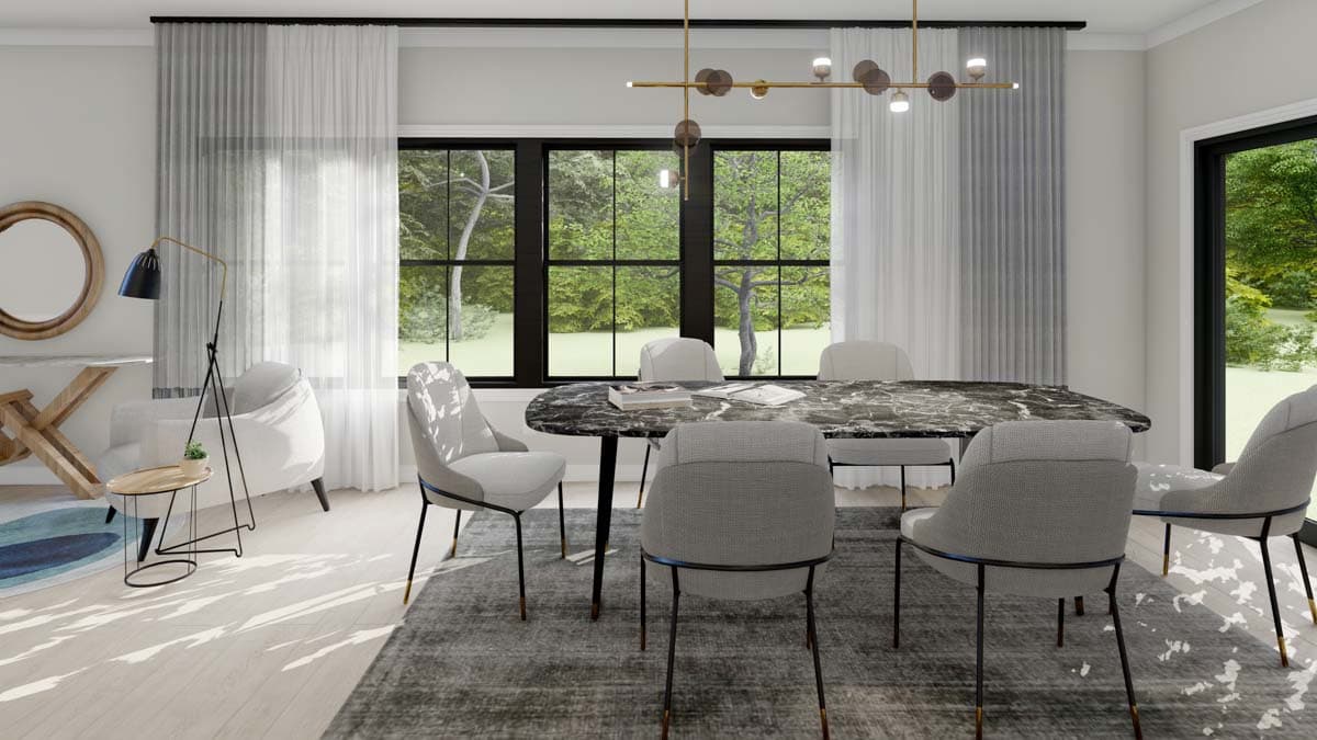Interior rendering of a dining room with a marble-top table, upholstered chairs, floor-to-ceiling windows, and modern chandelier.