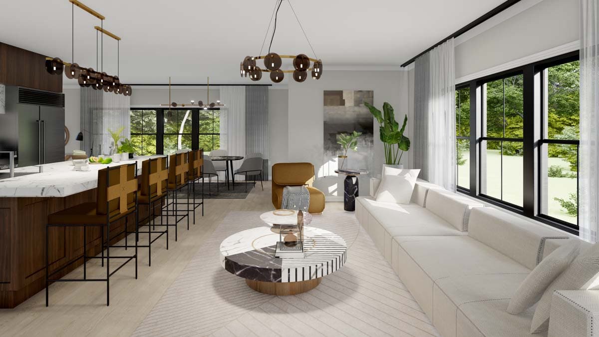 Modern open-concept living area with kitchen island, dining space, and seating area with large windows.