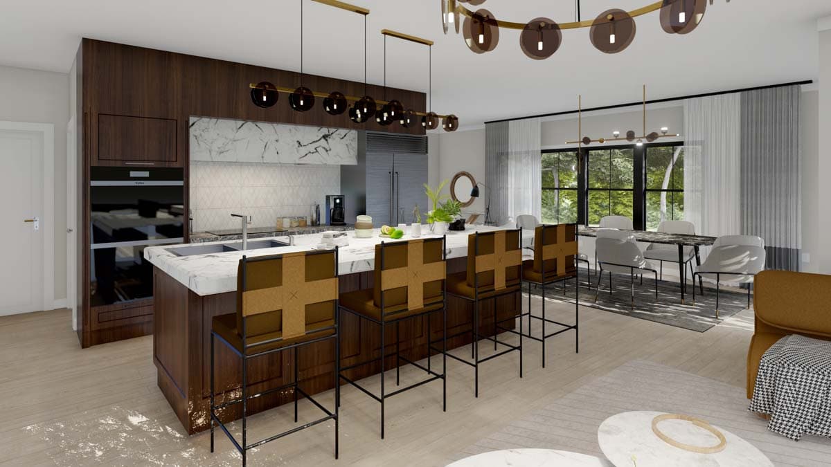 Open concept kitchen and dining area with large island, modern cabinetry, and ample natural light.
