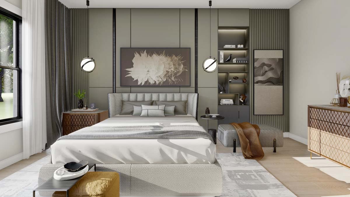 Bedroom rendering with king bed, upholstered headboard, integrated shelving, and large window with draperies.