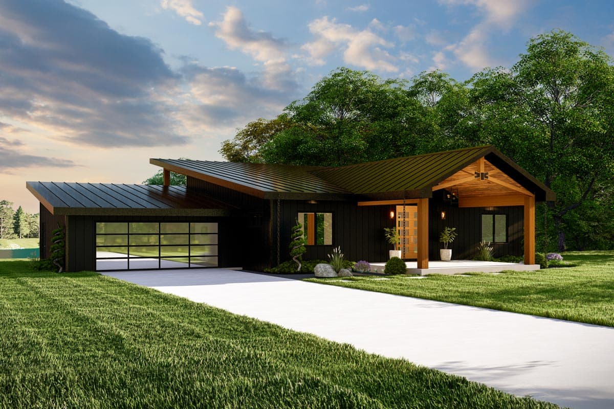 Modern house plan exterior with asymmetric rooflines, a glass garage door, and a covered entry with wood beams.