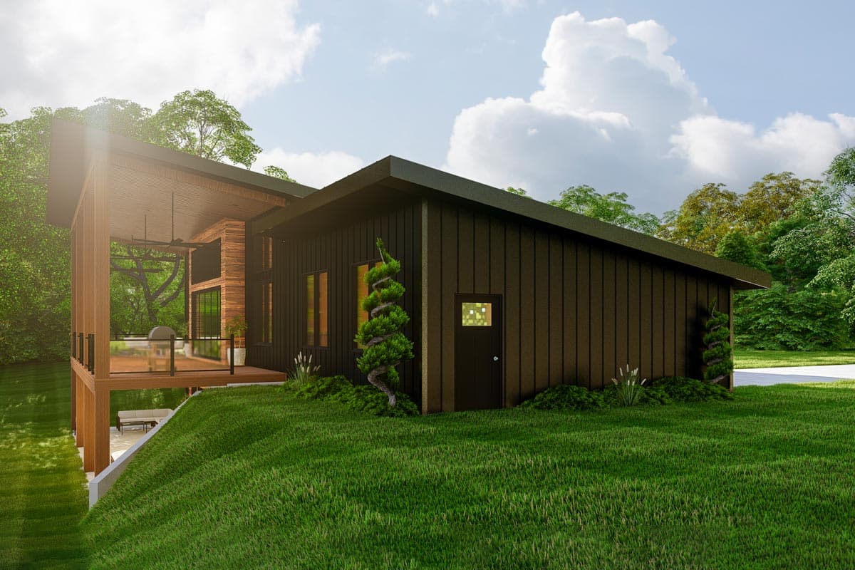 Modern house plan exterior with dark vertical siding, sloped roof, and elevated deck with wood ceiling.