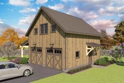 Post and Beam Timber-Framed 2-Car Garage Barn Plan with Workshop Loft - 1456 Sq Ft