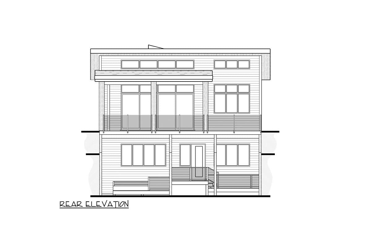 Rear elevation drawing of a two-story house plan with multiple windows and balconies.