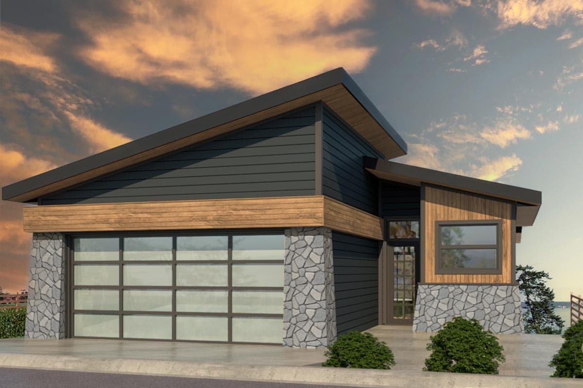 House plan exterior. Modern style, one-story home with shed roof. Features include glass garage door, stone accents, and wood siding.