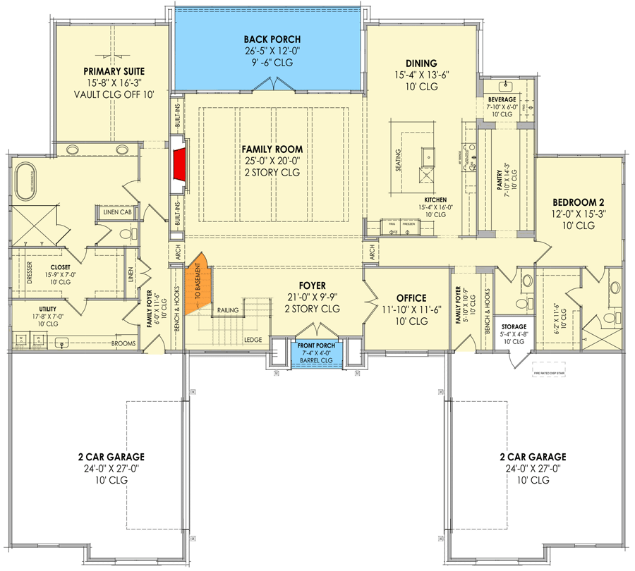 Plan 818121JSS: Transitional House Plan with 4 Beds, a Home Office and 4-Car Garage - 4146 Sq Ft - Floor Plan - Main Level - Basement Stair Location - European, New American, Transitional