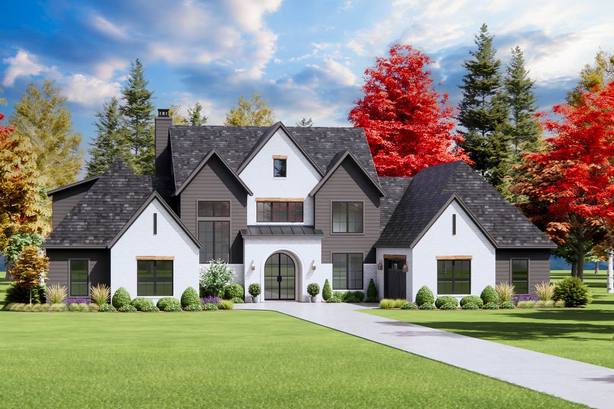 House plan exterior. Two-story Modern Farmhouse with gabled roof, brick facade, and arched entry. Features include dormers and dark trim.