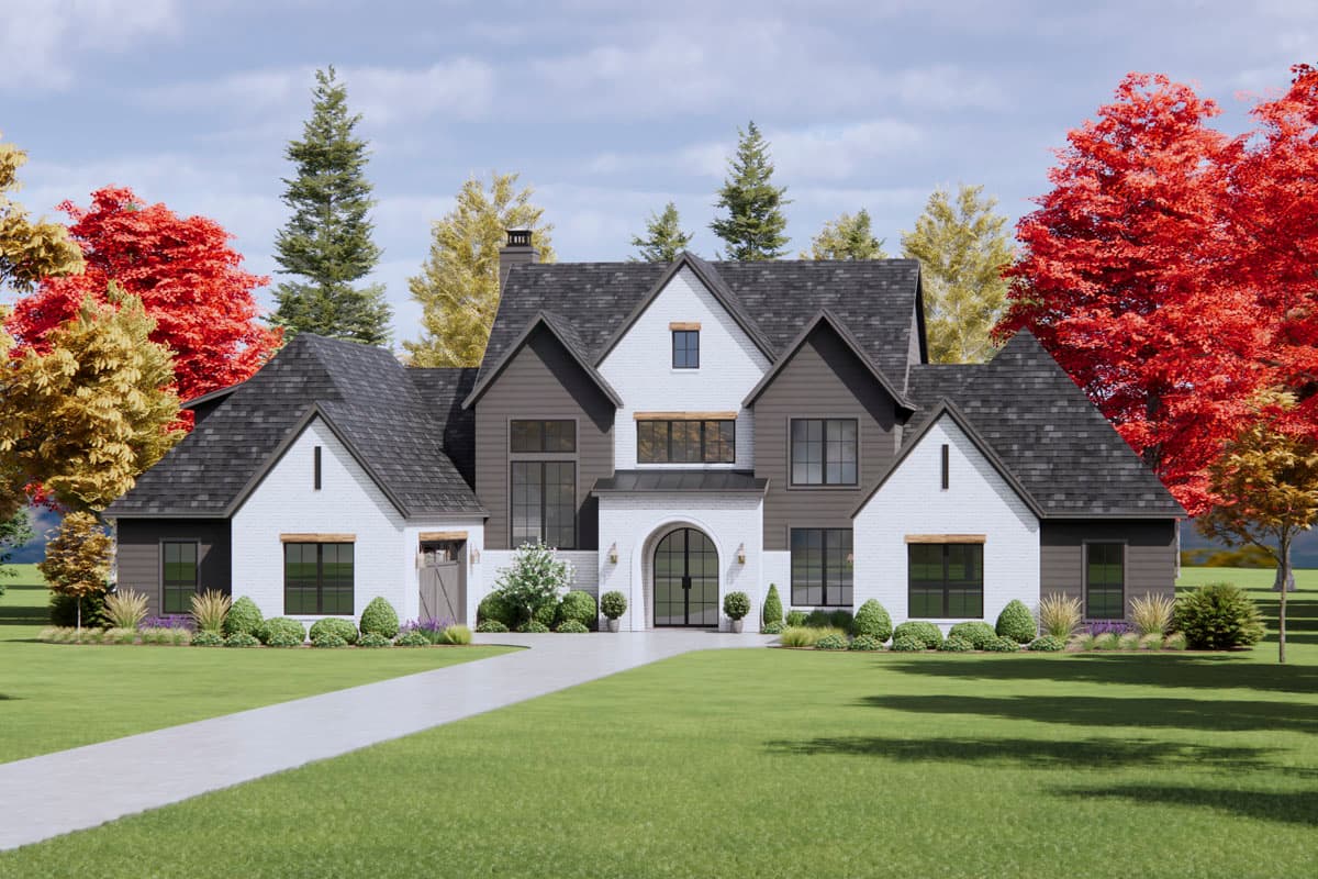 House plan exterior: Two-story Modern Farmhouse with brick and siding, gables, arched entry, and attached garage.