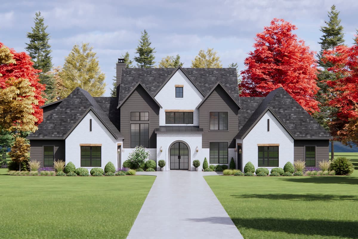 House plan exterior: Two-story modern farmhouse with white brick, dark gables, prominent chimney, and arched double doors.