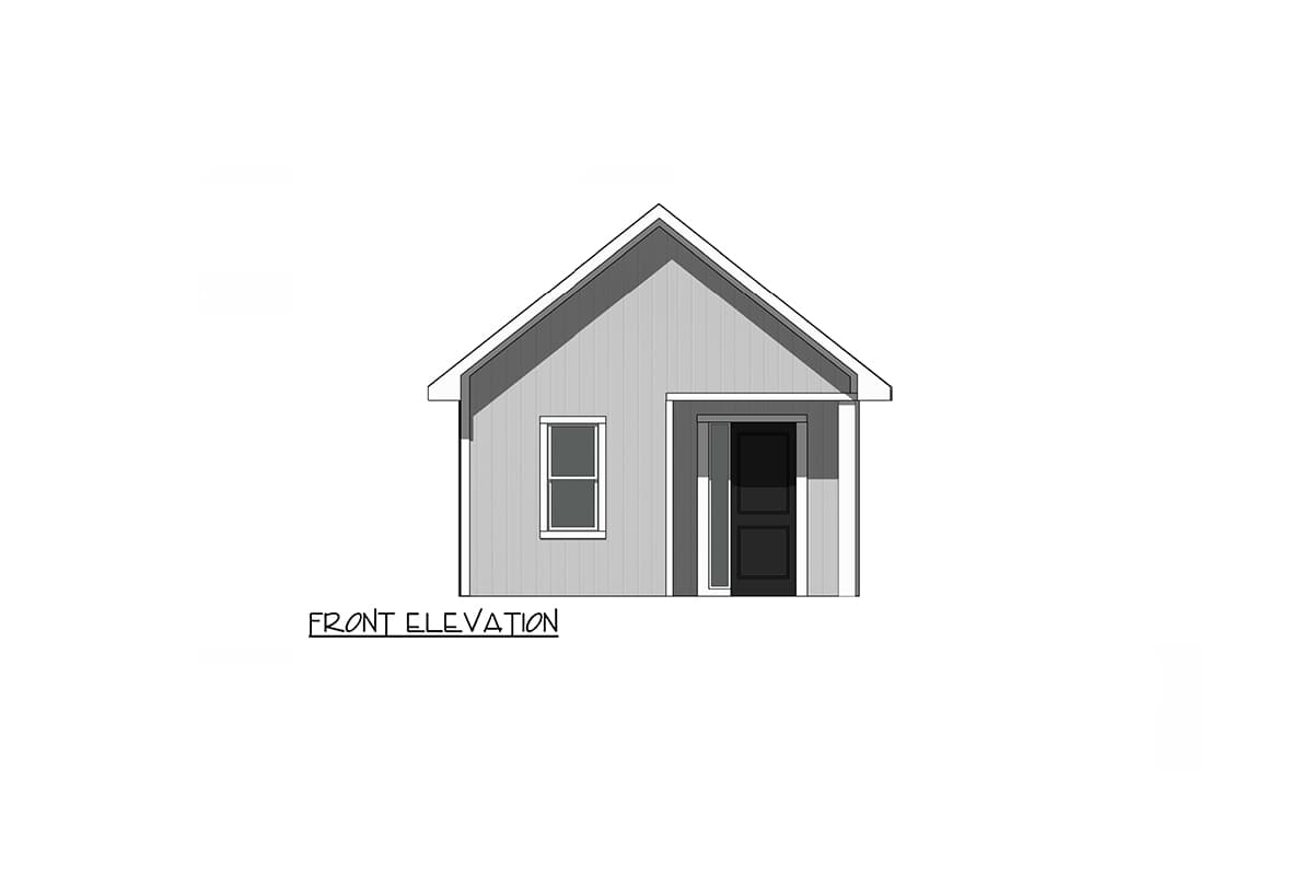 Front elevation drawing of a one-story house with a gable roof, porch, and one window.