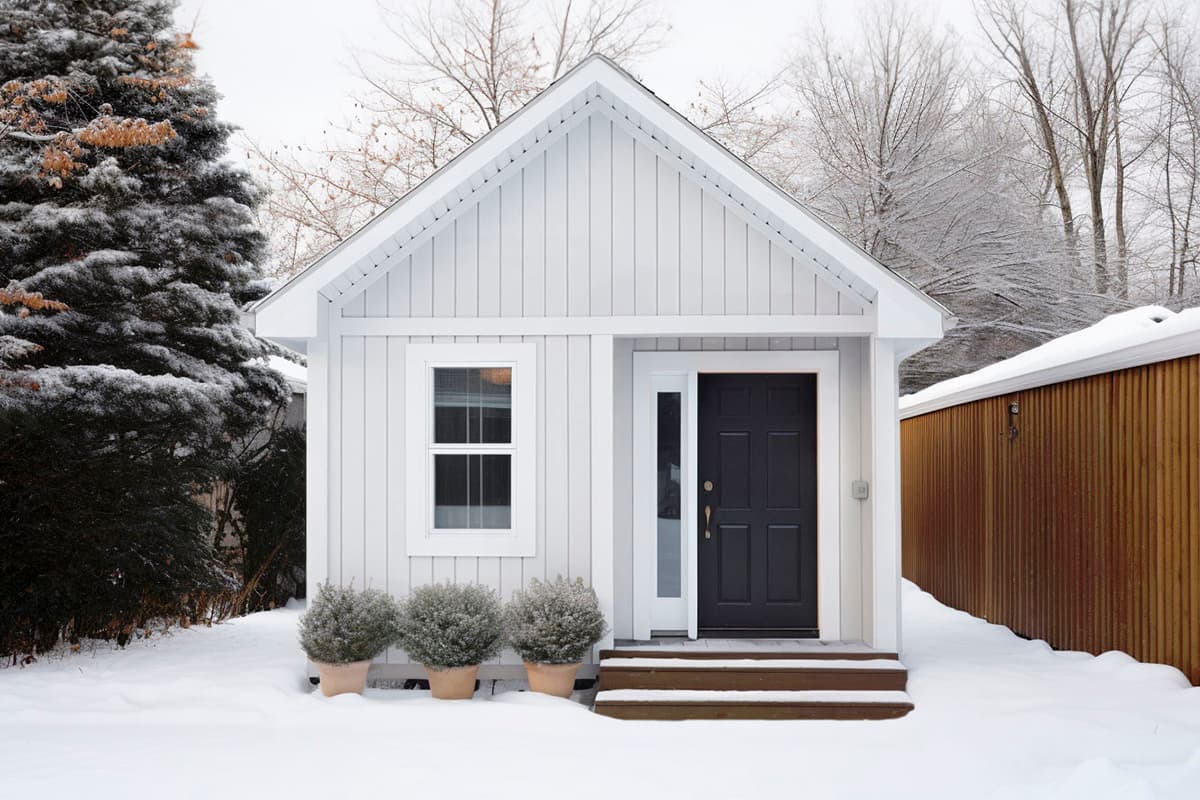 House plan exterior with board and batten siding, gabled roof, and a front entry porch. A single window and black door are visible.