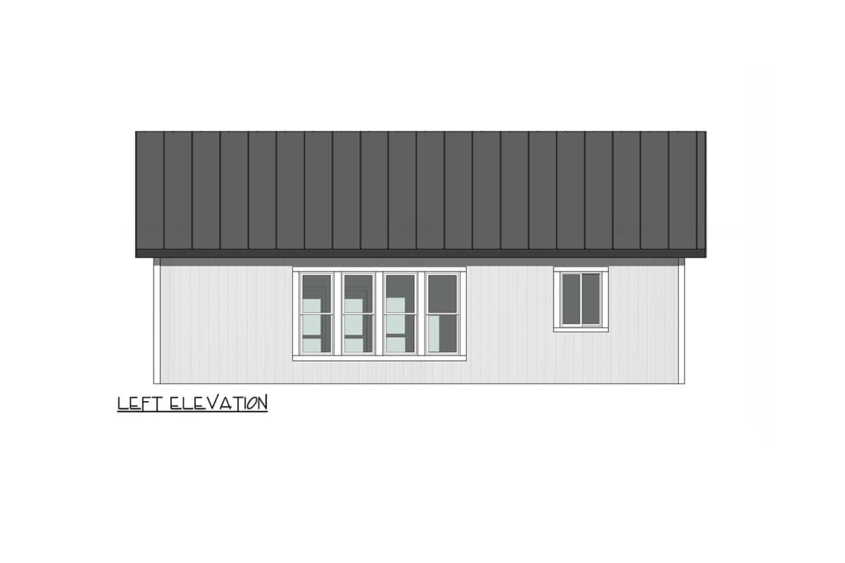 Left elevation house plan showing a metal gable roof, horizontal siding, and a bank of three windows with a single window to the right.