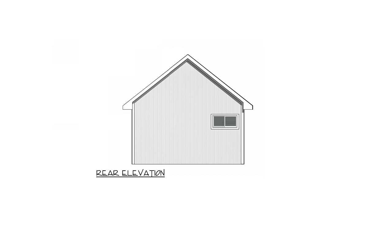 Rear elevation drawing of a house with a gable roof, vertical siding, and one small horizontal window.