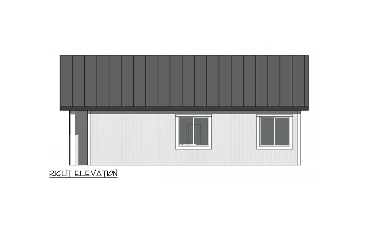 Right elevation of a house plan showing a standing seam metal roof, vertical siding, and two rectangular windows.