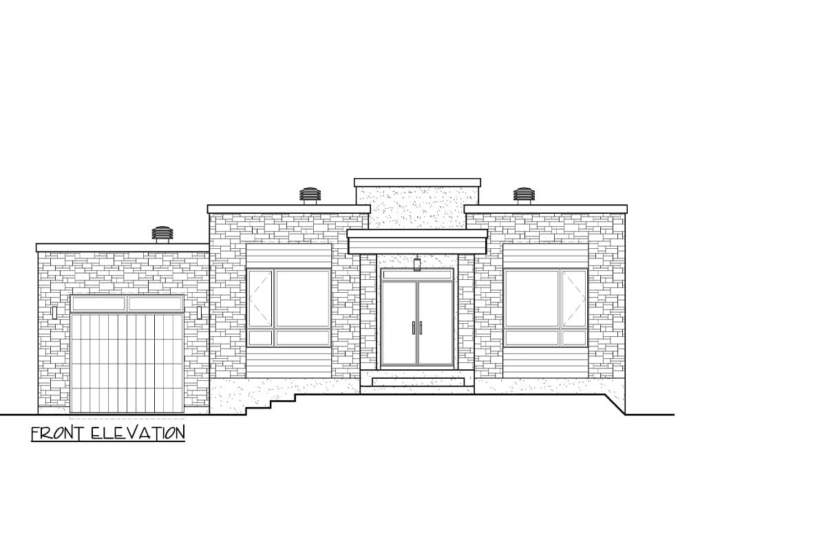 Front elevation drawing of a single-story house with a detached garage, stone veneer, and hip roof.