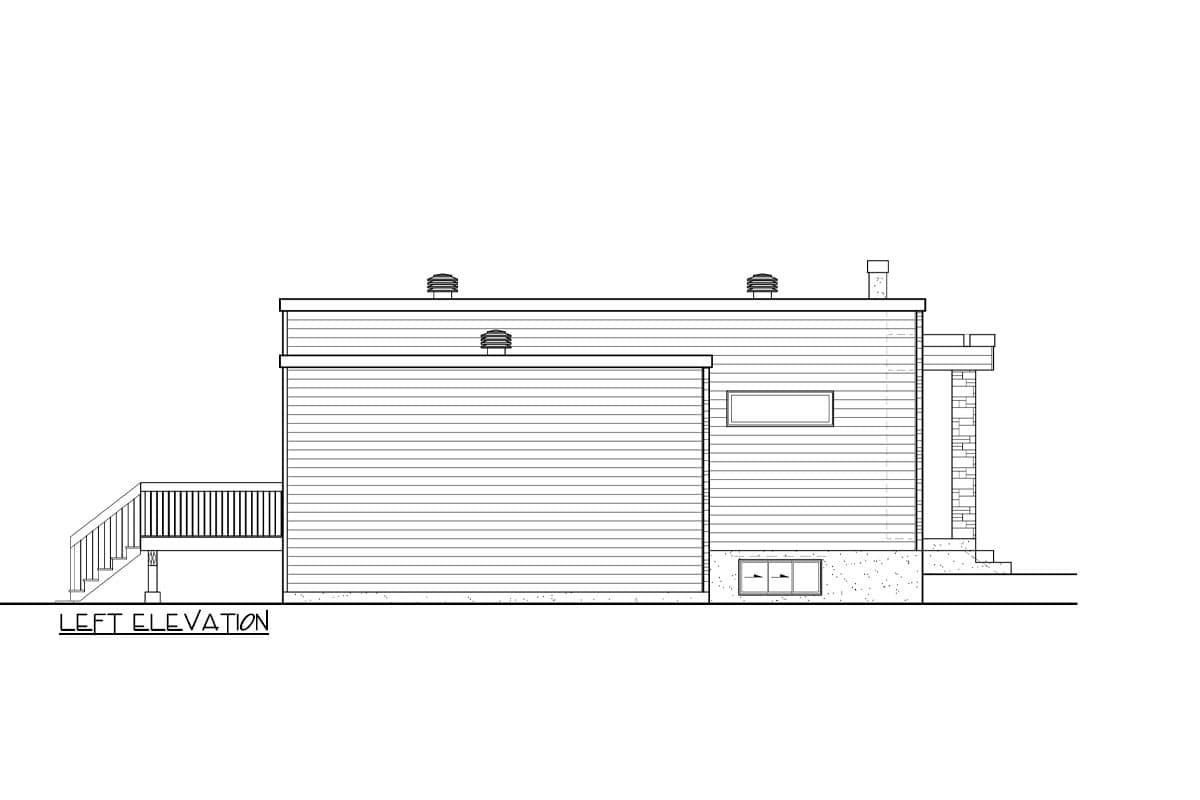 Left elevation drawing of a house plan featuring horizontal siding, a deck with stairs, roof vents, and a stone-clad chimney.