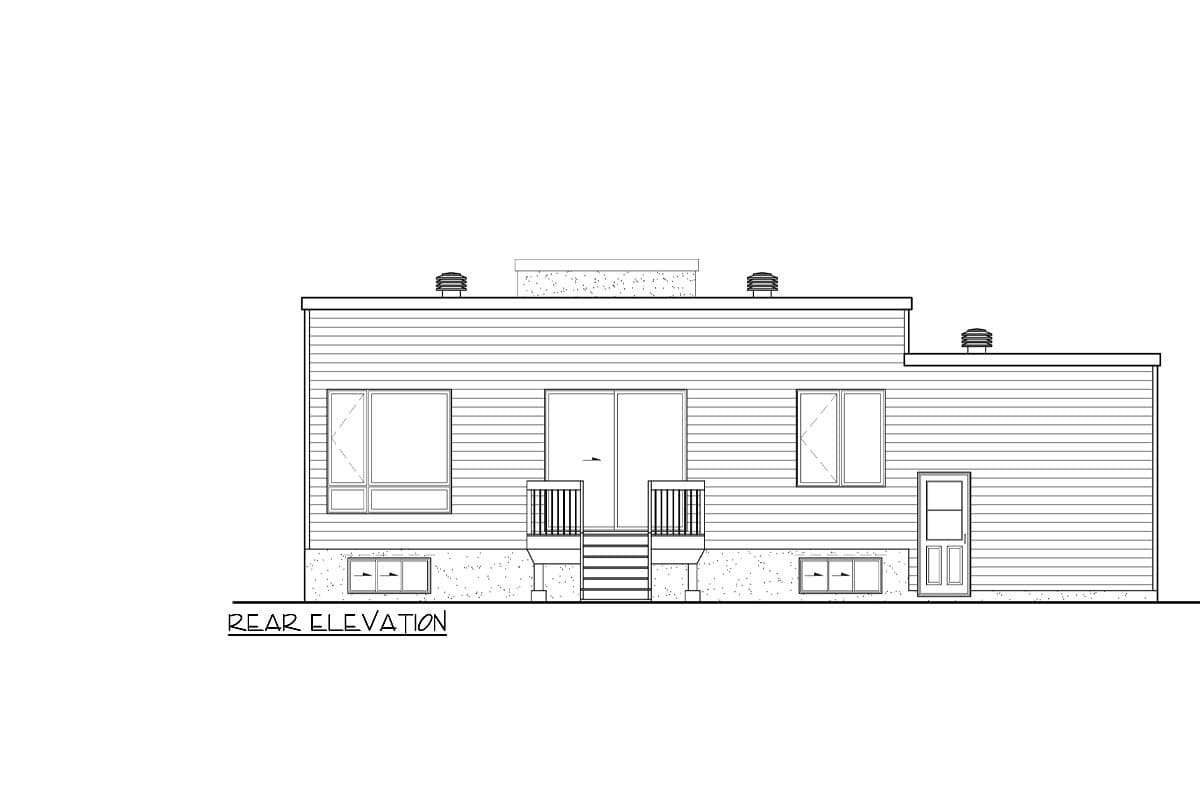 Rear elevation house plan: features horizontal siding, sliding glass doors with deck access, two windows, and one exterior door.