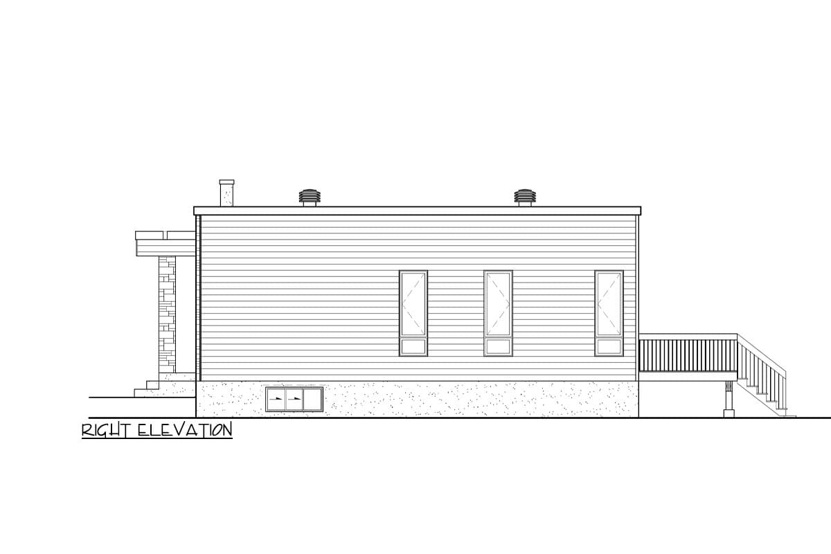 Right elevation drawing of a house plan, showing a pitched roof, horizontal siding, a chimney, and a deck with stairs.