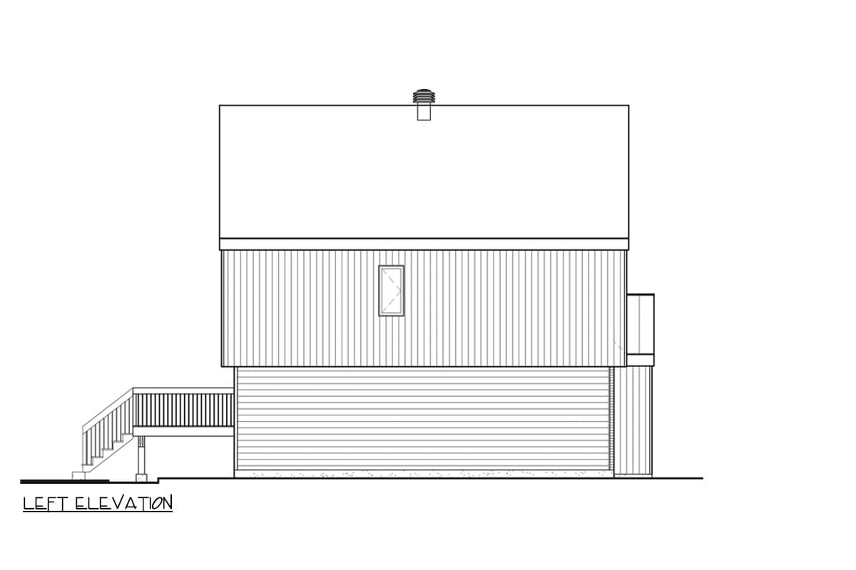 Left elevation drawing of a two-story house plan with siding, a dormer window, and a deck with stairs.