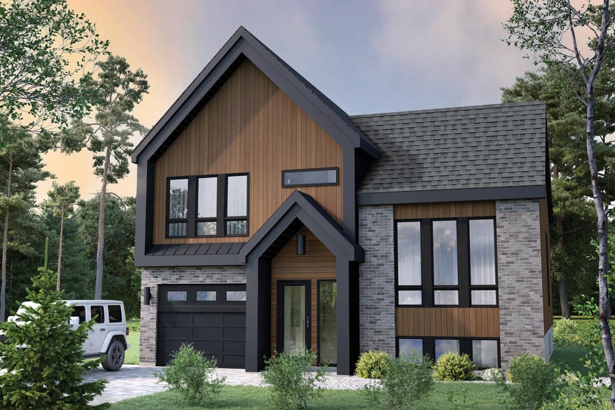 House plan exterior. Two-story modern house with a gabled roof, mixed siding, and a two-car garage. Features a recessed entry and large windows.