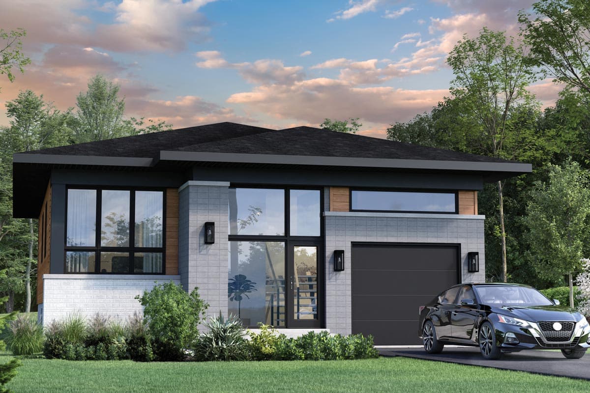 House plan exterior. Modern style, single-story home with flat roof, large windows, and an attached garage.