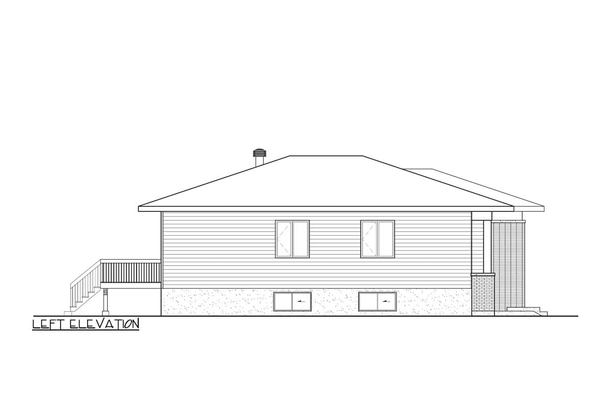 Left elevation drawing of a house plan showing a sloped roof, siding, deck stairs, and a brick-accented foundation and porch column.